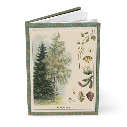 Hardcover pine and spruce journal standing upright showing front cover with T-va I.D. Sytina 1910 Russian educational botanical poster featuring Norway Spruce and Silver Birch on matte finish cover - LeBonJournal