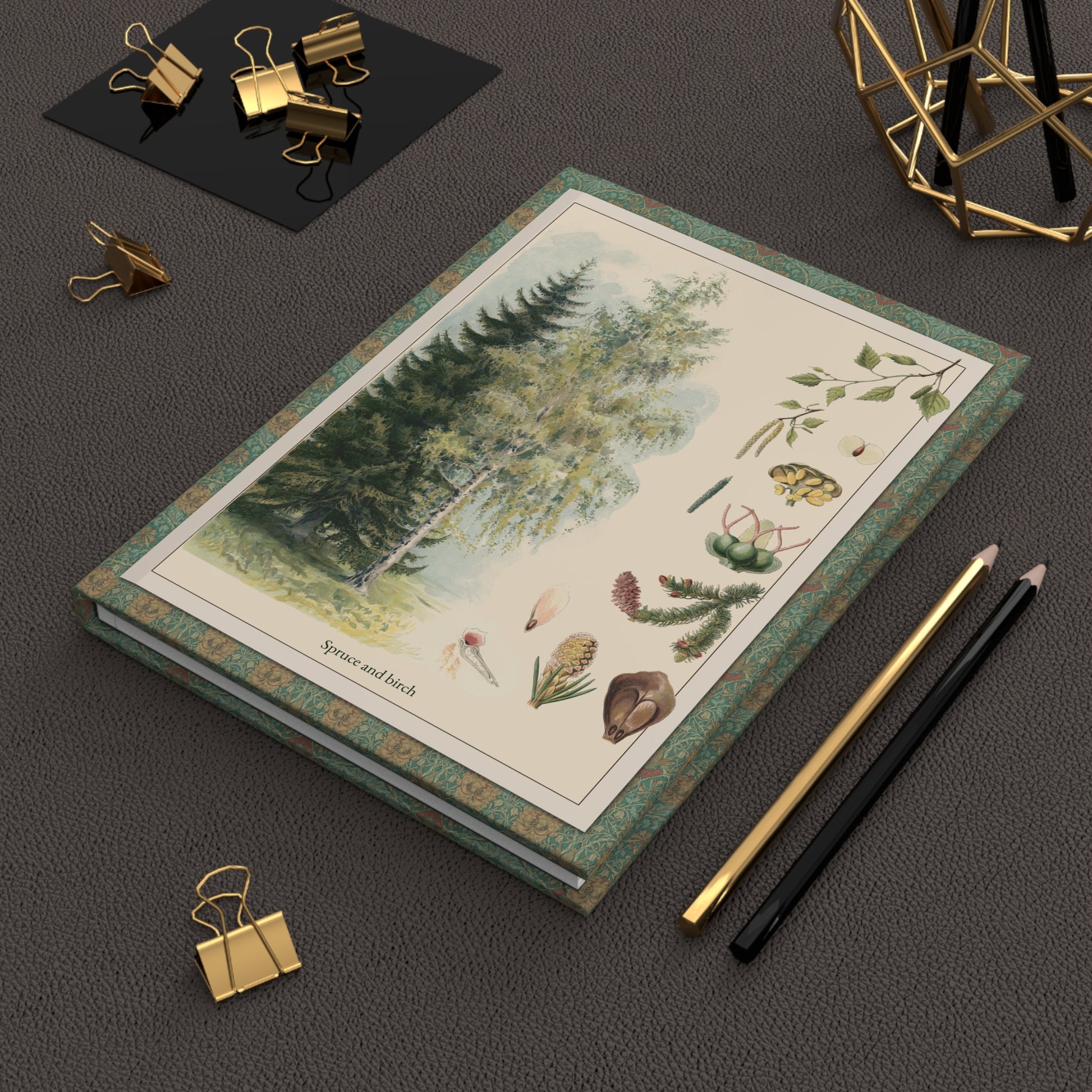 Pine and Spruce hardcover journal in lifestyle setting, premium matte finish journal featuring vintage botanical education art, elegant stationery for botanists, foresters, and nature enthusiasts - LeBonJournal