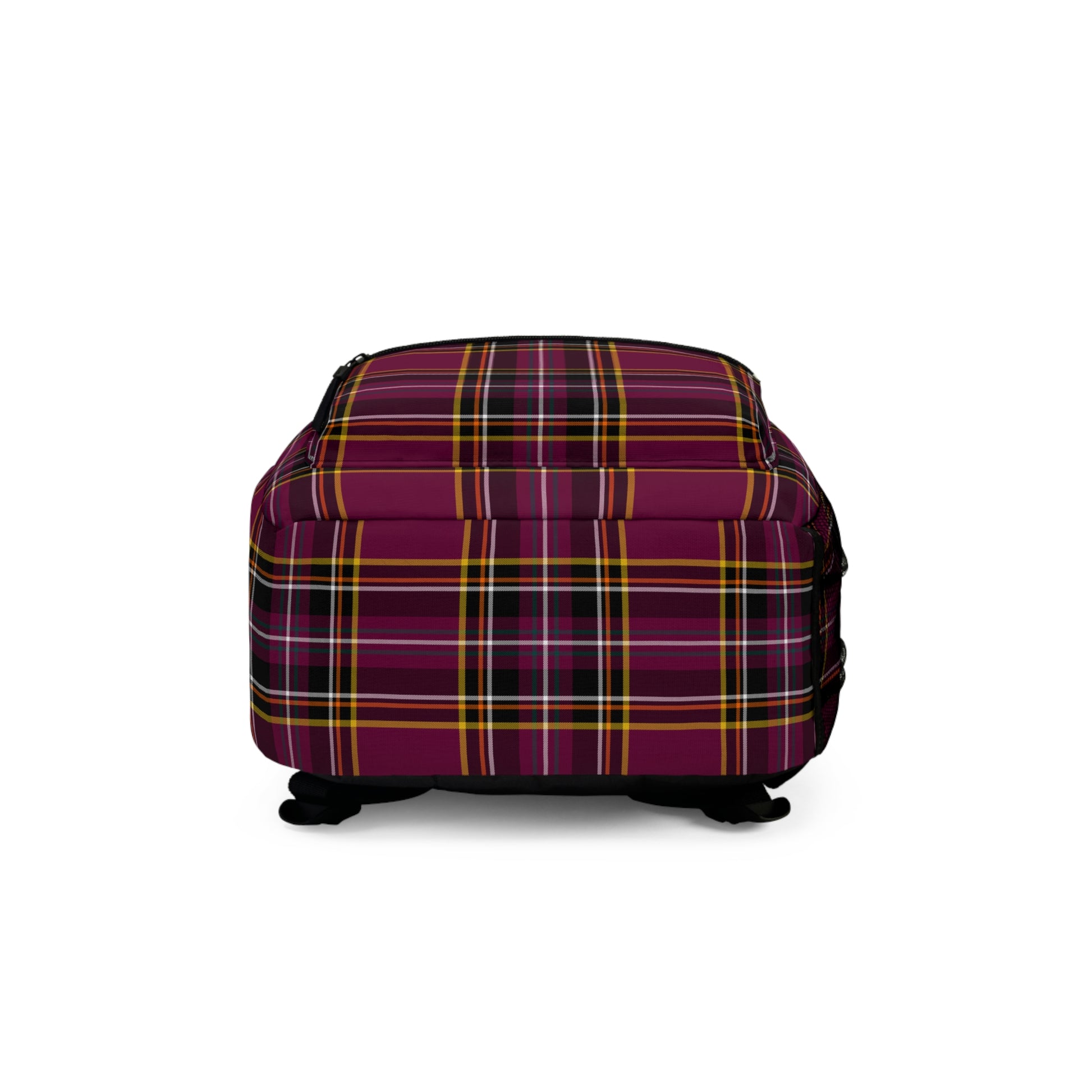Plaid burgundy backpack bottom view showing base construction and durability - LeBonJournal