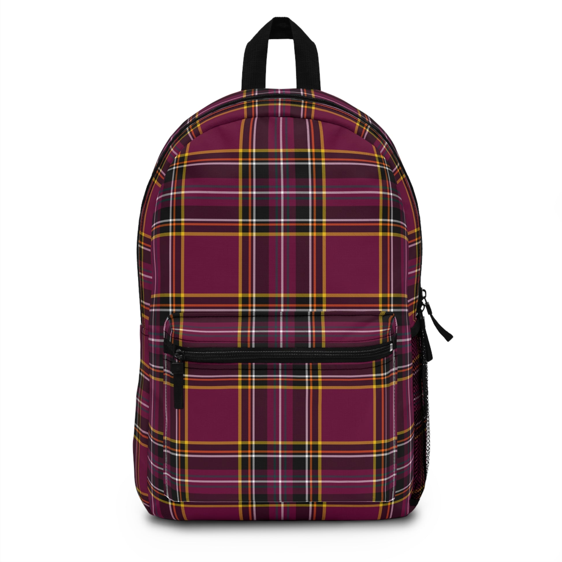 Plaid burgundy backpack classic tartan front view with deep wine mustard and slate pattern - LeBonJournal