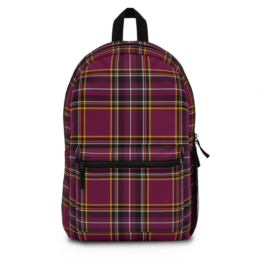 Plaid burgundy backpack classic tartan front view with deep wine mustard and slate pattern - LeBonJournal