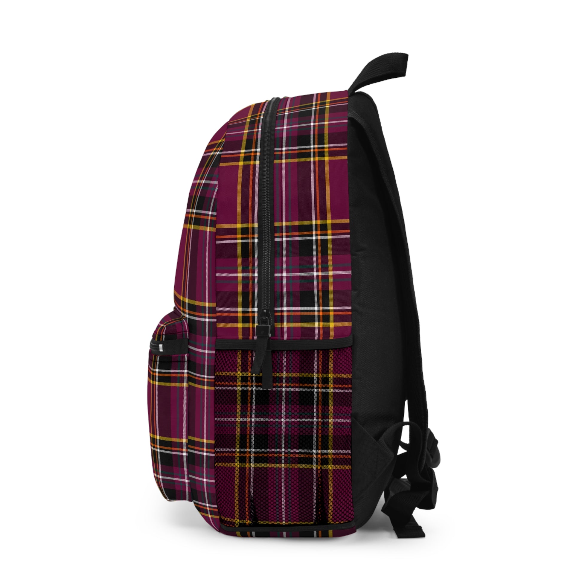 Plaid burgundy backpack left side showing mesh water bottle pocket - LeBonJournal