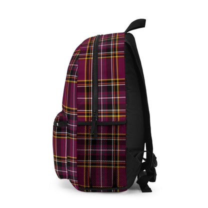 Plaid burgundy backpack left side showing mesh water bottle pocket - LeBonJournal