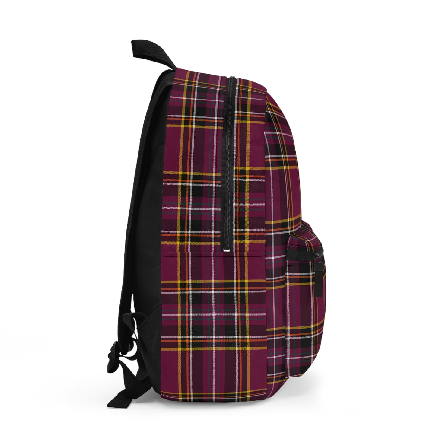 Plaid burgundy backpack right side view showing zipper and strap detail - LeBonJournal