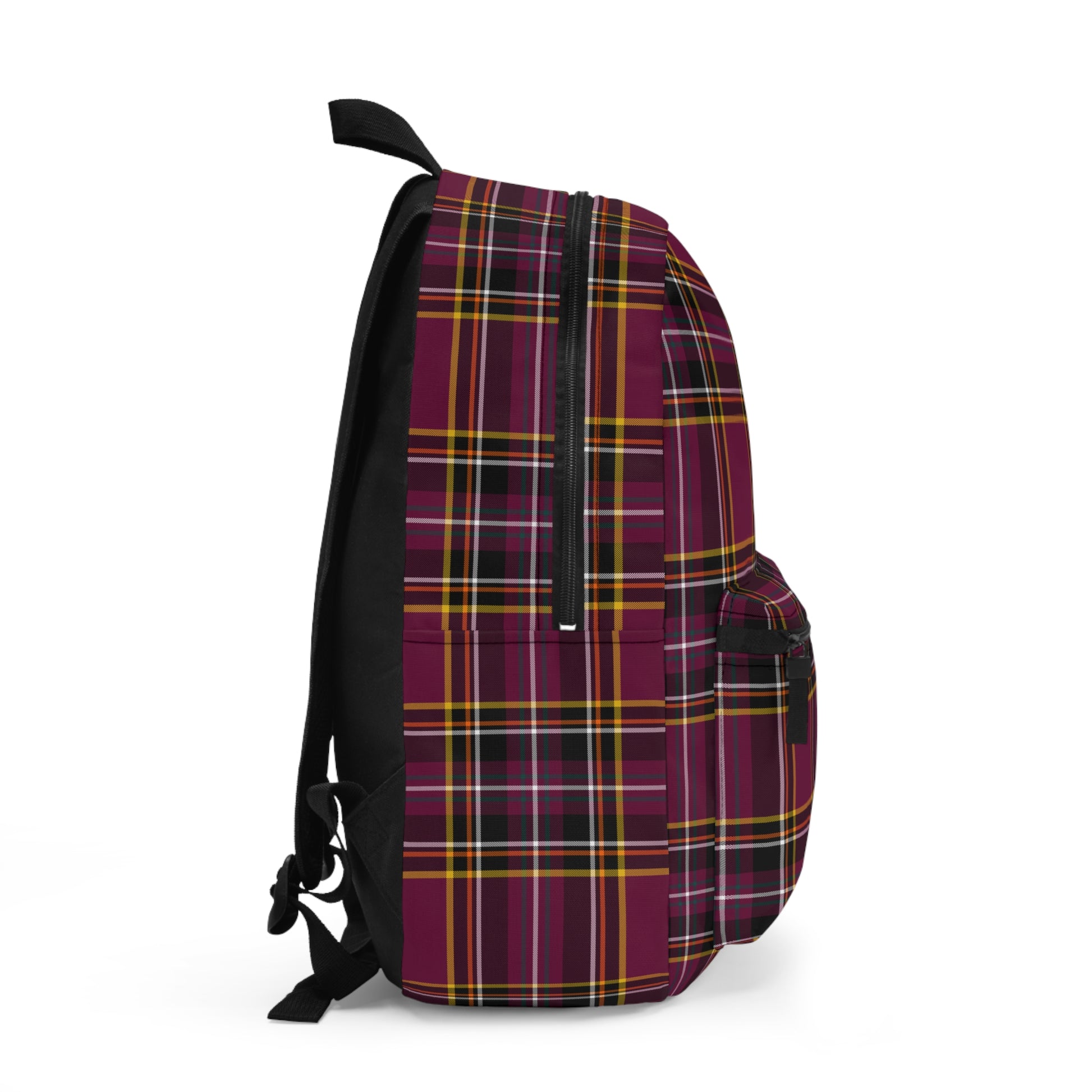 Plaid burgundy backpack right side view showing zipper and strap detail - LeBonJournal