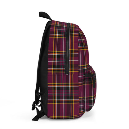 Plaid burgundy backpack right side view showing zipper and strap detail - LeBonJournal