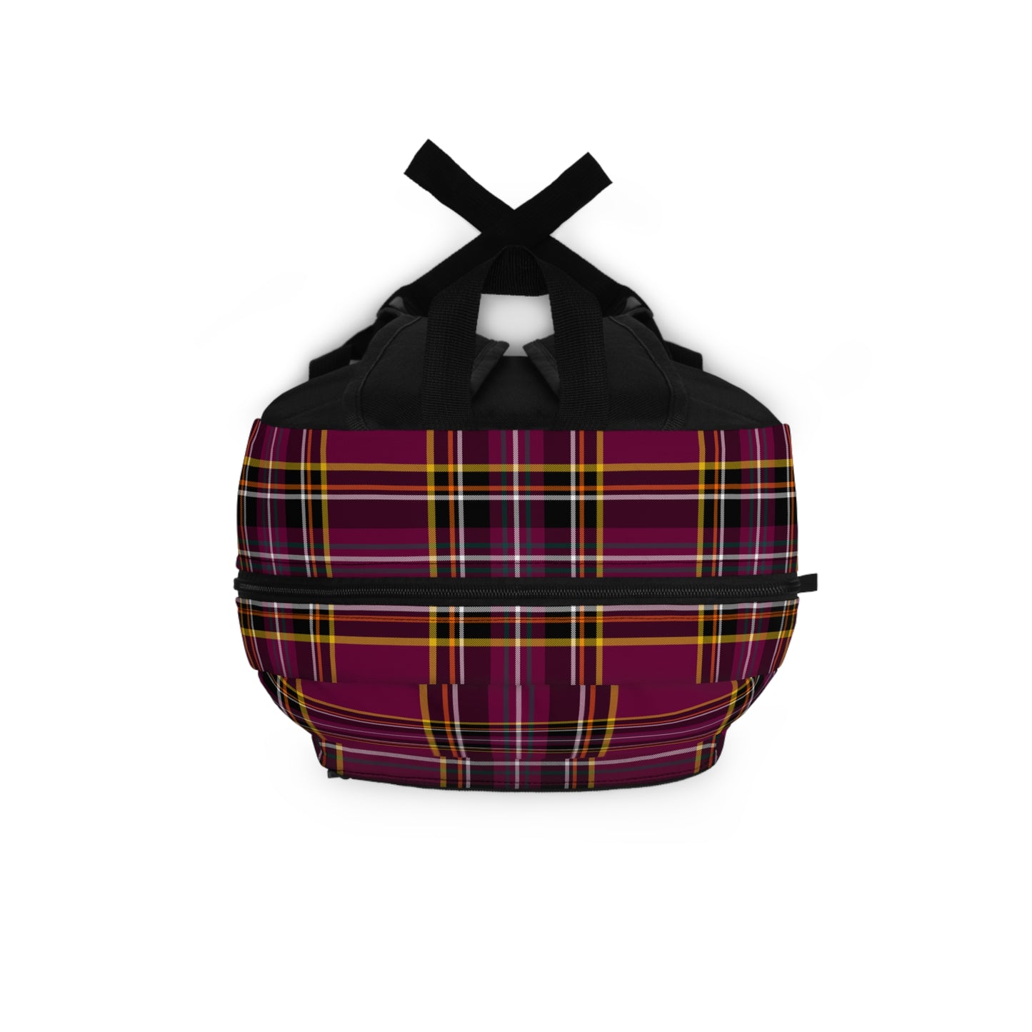 Plaid burgundy backpack top view showing handle and zipper closures - LeBonJournal