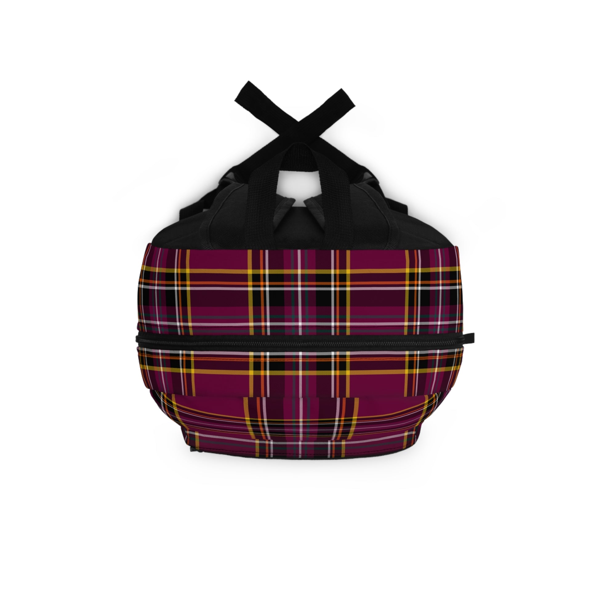 Plaid burgundy backpack top view showing handle and zipper closures - LeBonJournal