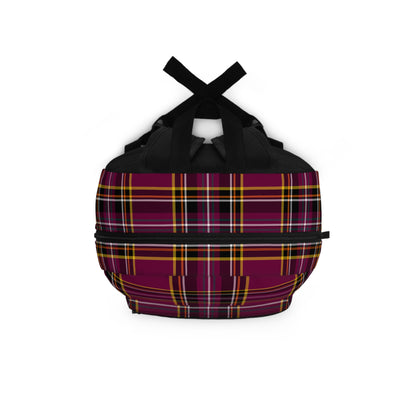 Plaid burgundy backpack top view showing handle and zipper closures - LeBonJournal