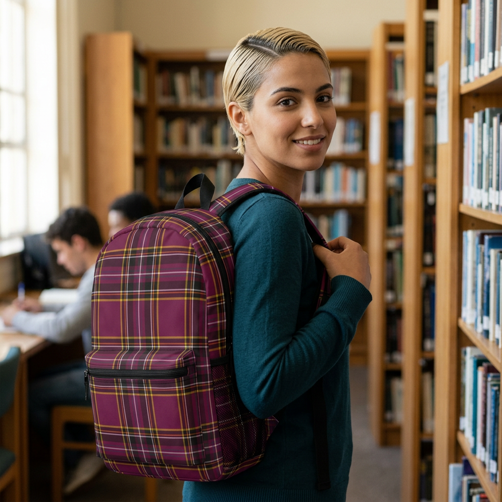 Plaid burgundy backpack worn on shoulders by student walking to library lifestyle shot - LeBonJournal
