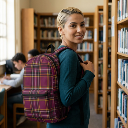 Plaid burgundy backpack worn on shoulders by student walking to library lifestyle shot - LeBonJournal