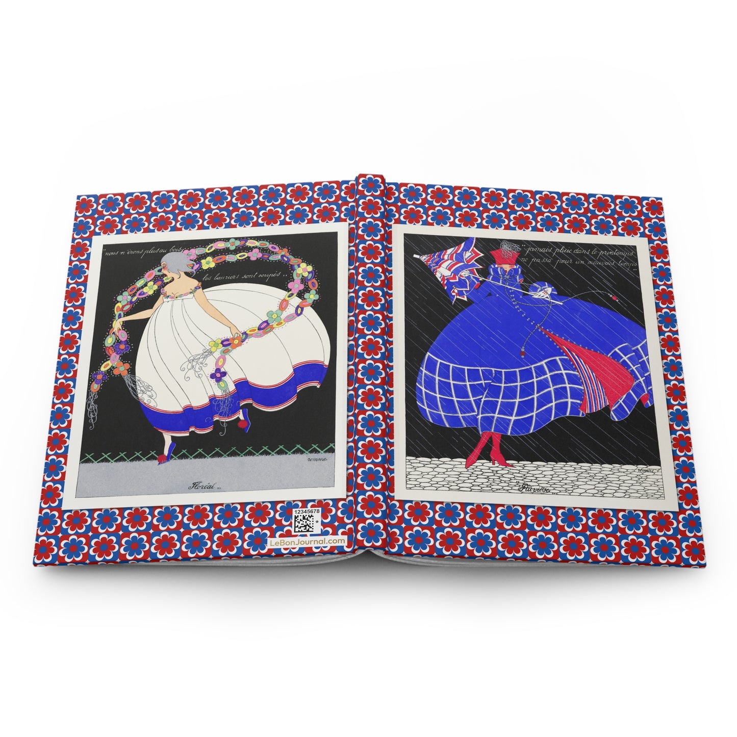Pluviôse Floréal hardcover journal open showing front and back covers with casewrap sewn spine, Marthe Romme 1919 - LeBonJournal