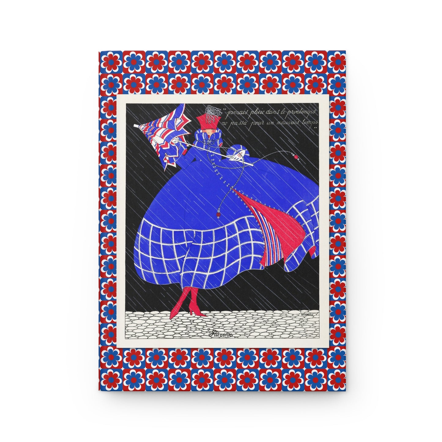 Pluviôse front cover, elegant figure with blue checked dress and parasol, Marthe Romme pochoir lithograph 1919 - LeBonJournal