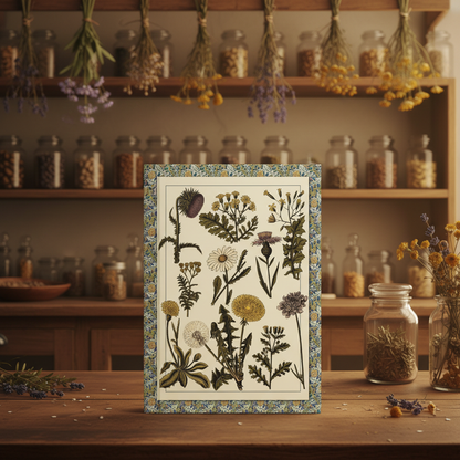 Polish botanical Zielnik medicinal herbs journal standing in a herbalist's home laboratory with shelves of seed jars and bunches of dried wildflowers hanging to dry - LeBonJournal