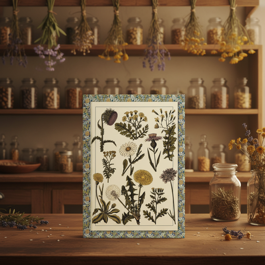 Polish botanical Zielnik medicinal herbs journal standing in a herbalist's home laboratory with shelves of seed jars and bunches of dried wildflowers hanging to dry - LeBonJournal