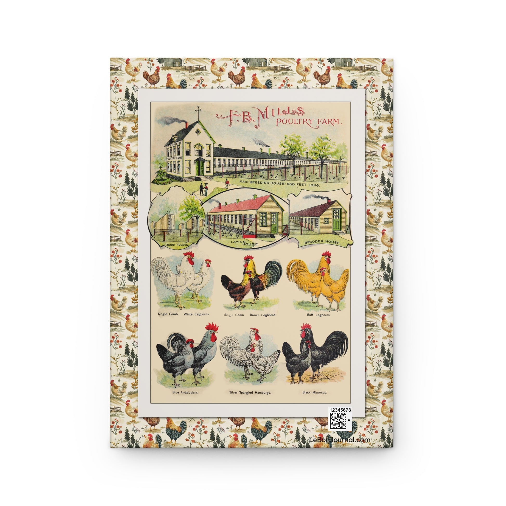 Back cover of Poultry Breeds journal featuring F.B. Mills Poultry Farm advertisement with White Leghorns, Blue Andalusians, Silver Spangled Hamburgs, Black Minorcas, farm facilities layout with production QR code - LeBonJournal