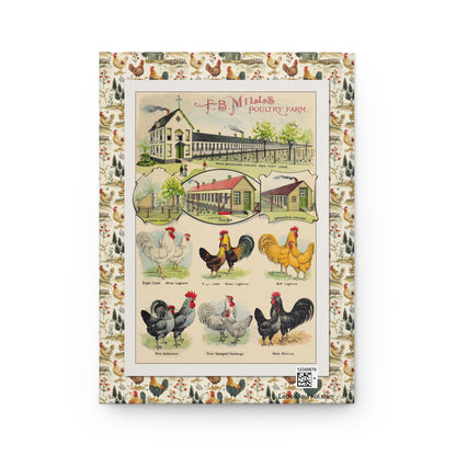 Back cover of Poultry Breeds journal featuring F.B. Mills Poultry Farm advertisement with White Leghorns, Blue Andalusians, Silver Spangled Hamburgs, Black Minorcas, farm facilities layout with production QR code - LeBonJournal