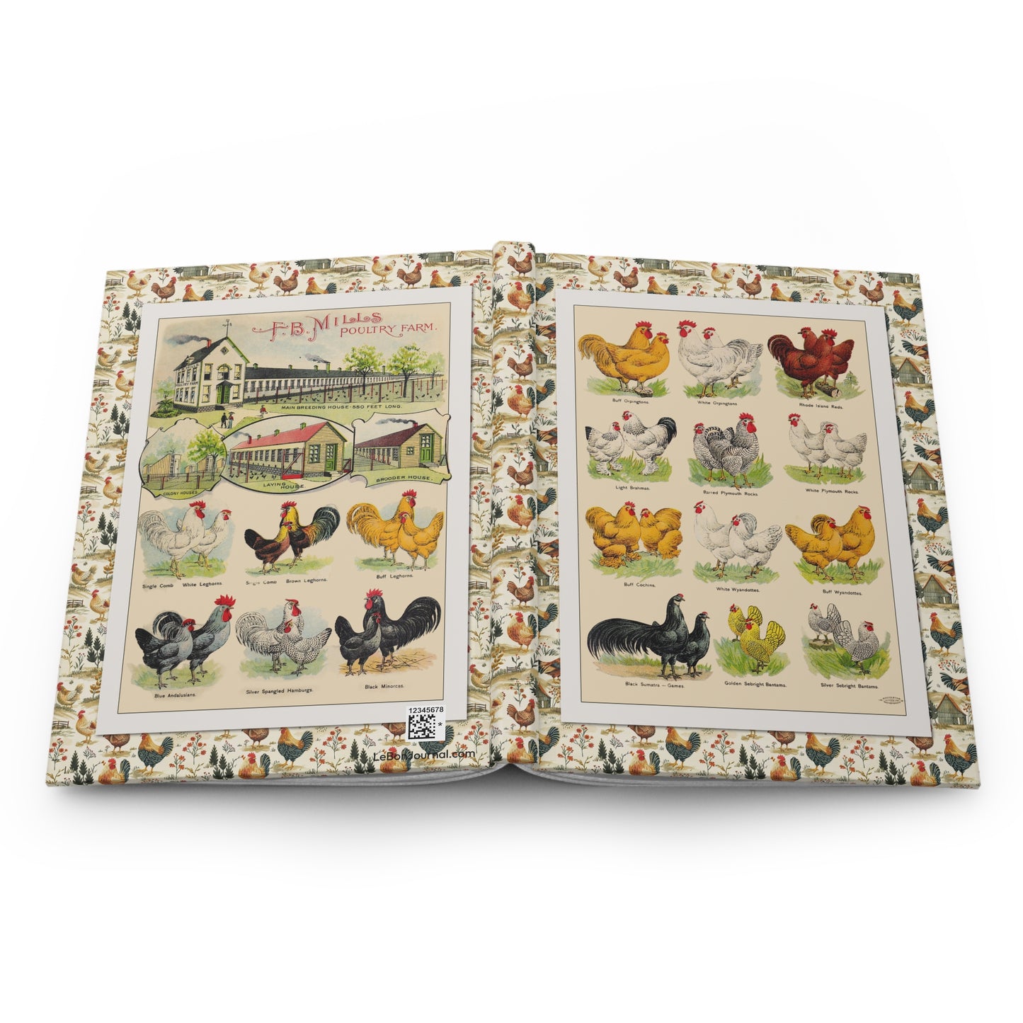 Open Poultry Breeds journal showing durable casewrap binding, hardcover construction with F.B. Mills 1904 chicken breed illustrations on front and back covers, and flexible spine for lay-flat writing - LeBonJournal