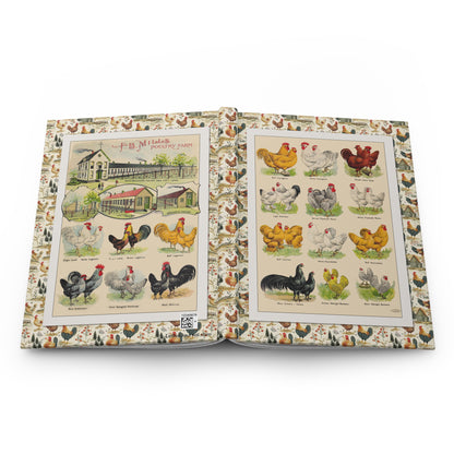Open Poultry Breeds journal showing durable casewrap binding, hardcover construction with F.B. Mills 1904 chicken breed illustrations on front and back covers, and flexible spine for lay-flat writing - LeBonJournal