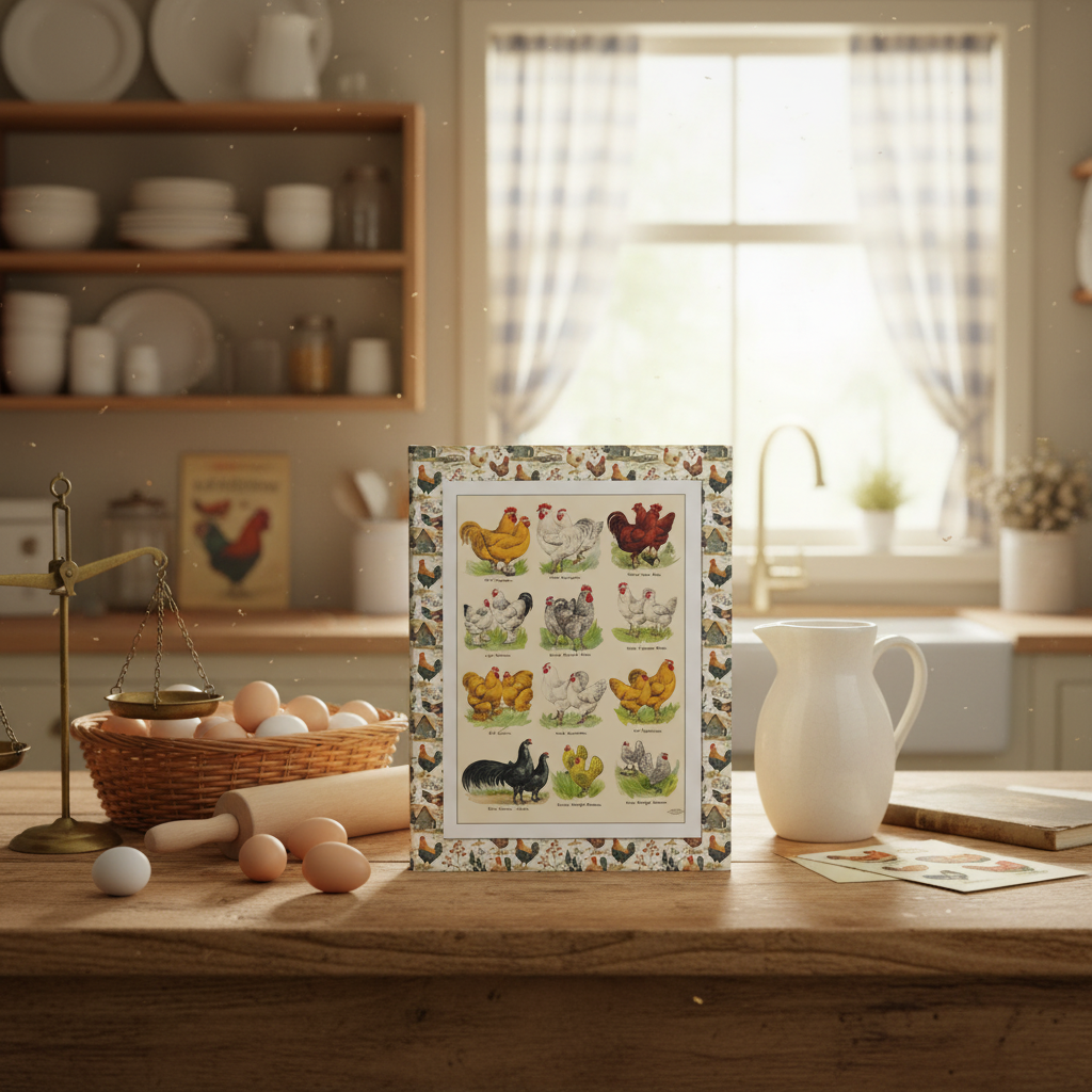 Poultry Breeds hardcover journal standing on rustic farmhouse kitchen table with wicker basket filled with fresh farm eggs, vintage enamelware, ceramic pitcher, natural window light, elegant stationery for chicken keepers and homesteaders - LeBonJournal