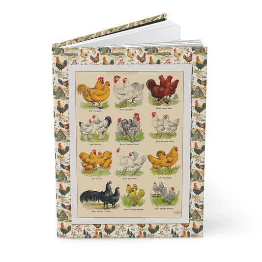 Hardcover poultry breeds journal standing upright showing front cover with F.B. Mills 1904 seed catalogue featuring twelve chicken breeds including Orpingtons, Rhode Island Reds, Plymouth Rocks, Wyandottes on matte finish cover - LeBonJournal