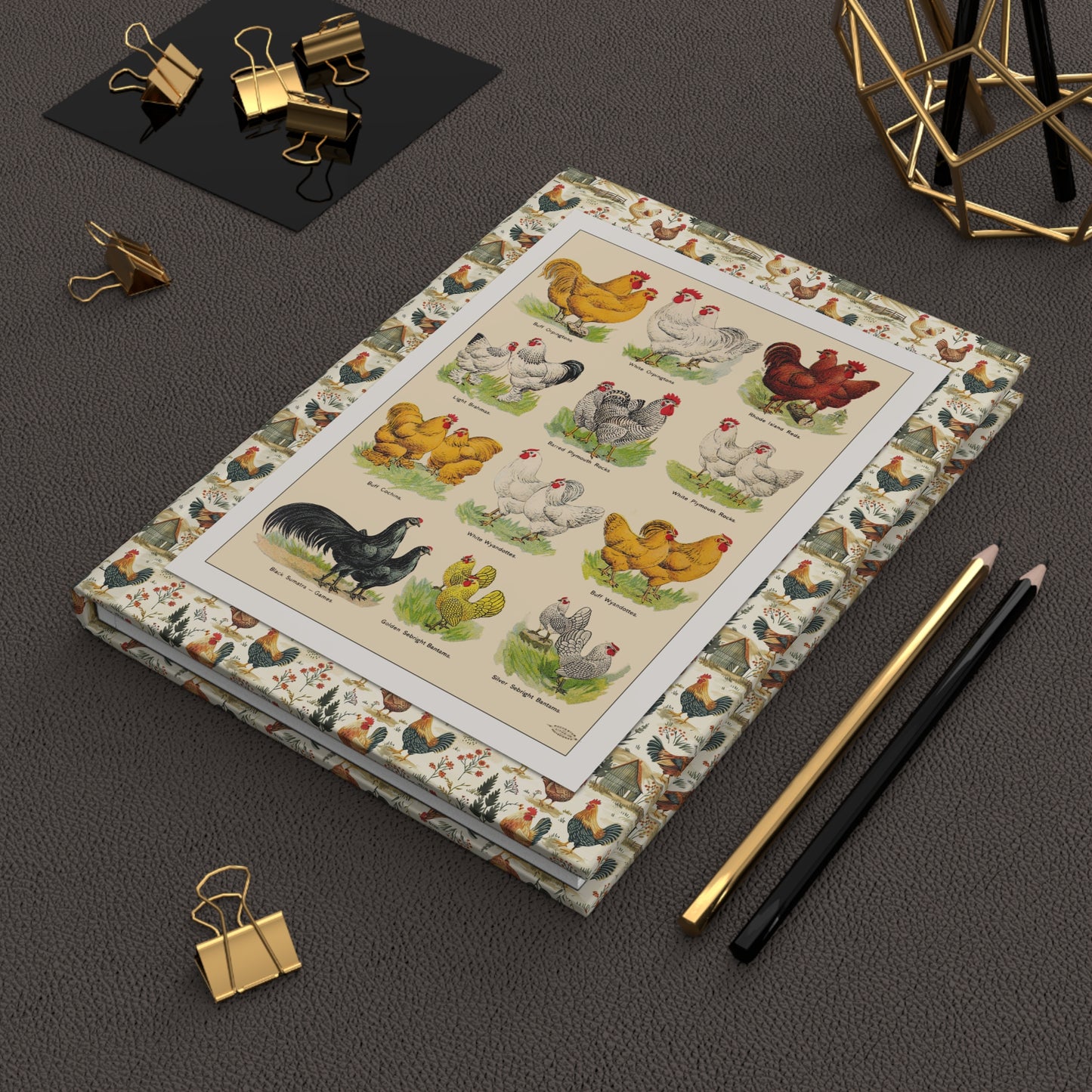 Poultry Breeds hardcover journal in lifestyle setting, premium matte finish journal featuring vintage American poultry farm art, elegant stationery for chicken keepers, homesteaders, and farmers - LeBonJournal