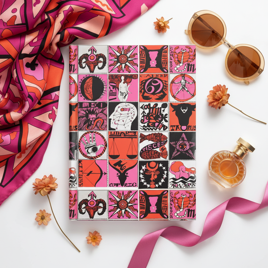 Psychedelic zodiac journal on Pucci-style silk scarf with vintage 1970s sunglasses and perfume bottle on white background - LeBonJournal