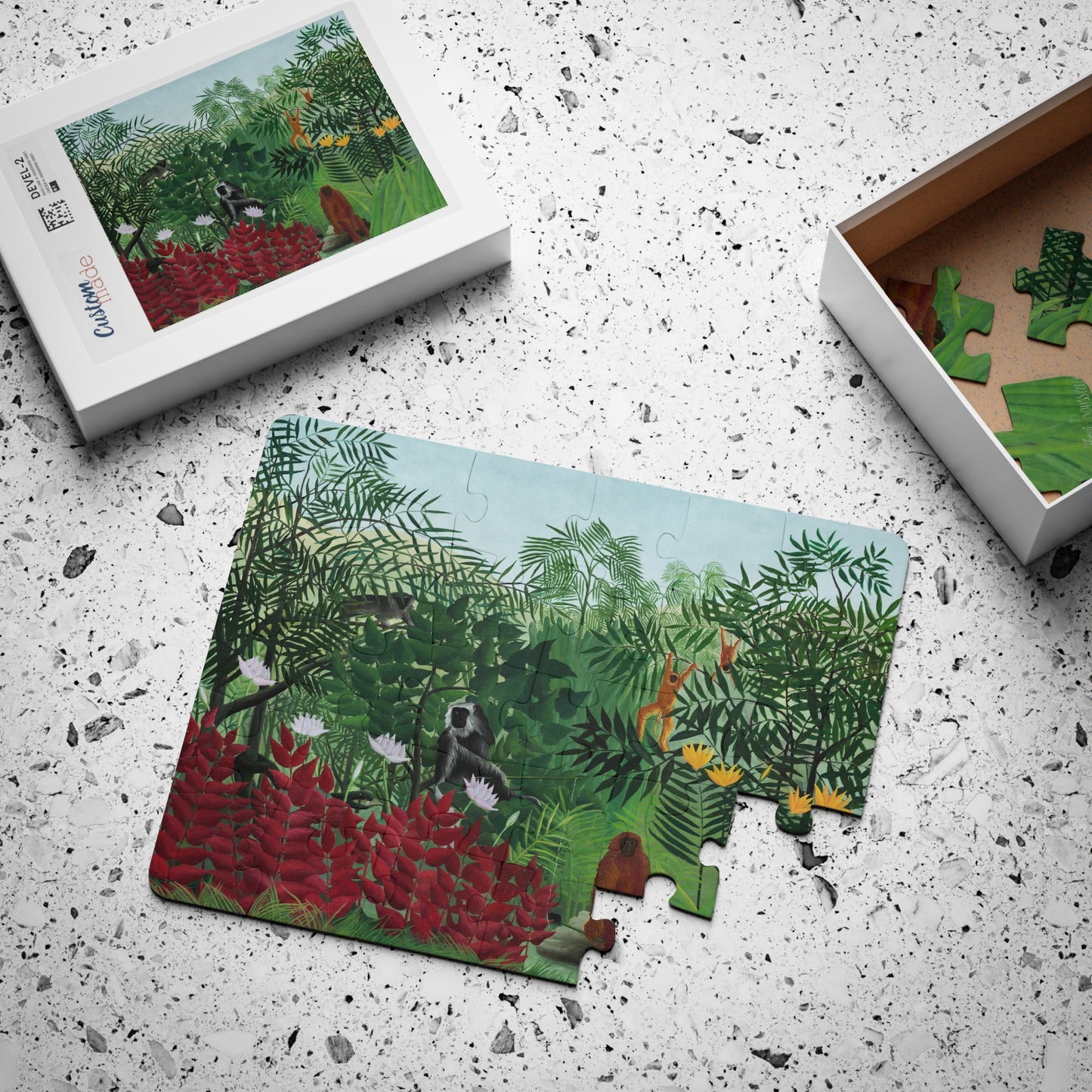 Puzzle box featuring reference image of Rousseau's tropical forest masterpiece for easy assembly - LeBonJournal
