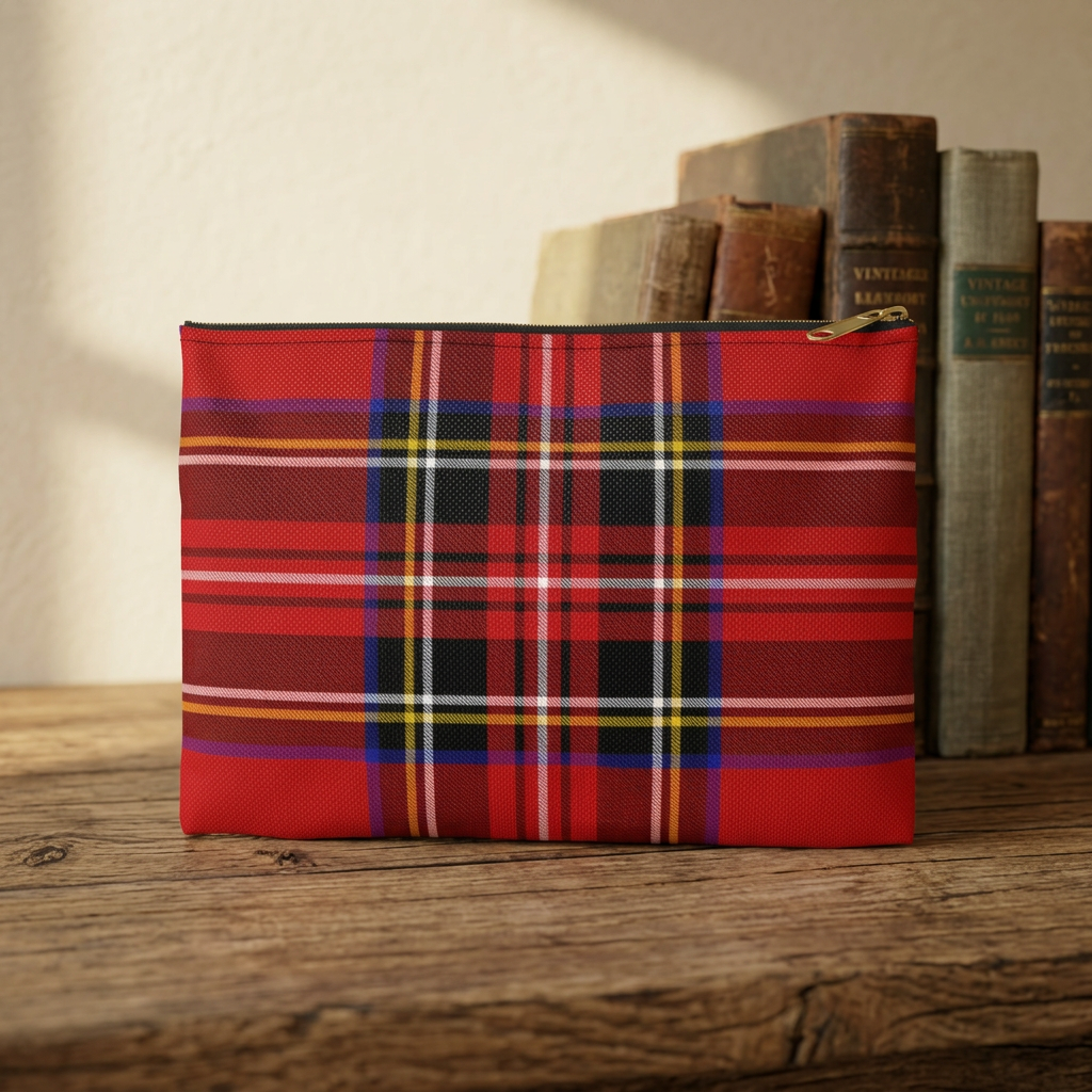 Red plaid accessory pouch classic tartan zip bag product shot showing full pattern and black zipper - LeBonJournal