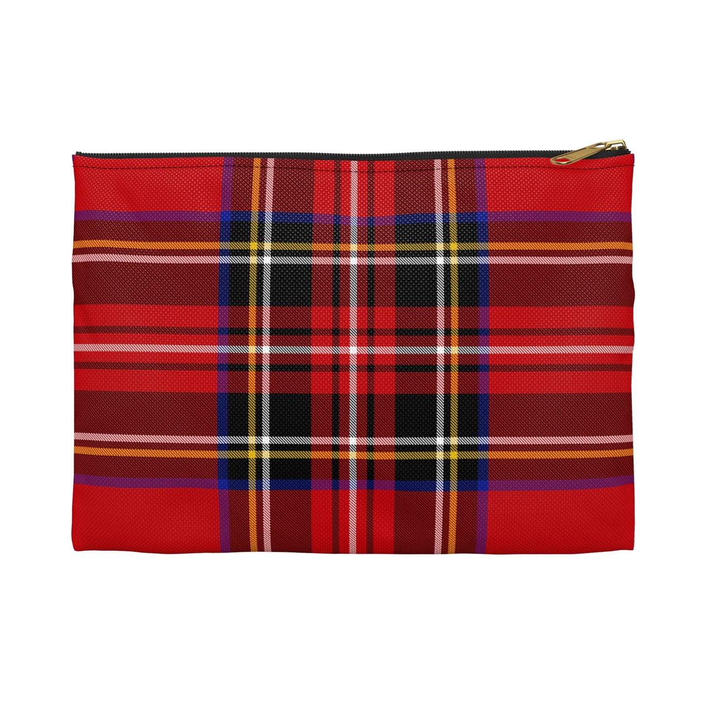 Red tartan accessory pouch large size front view with classic plaid pattern and black zipper, gold puller - LeBonJournal