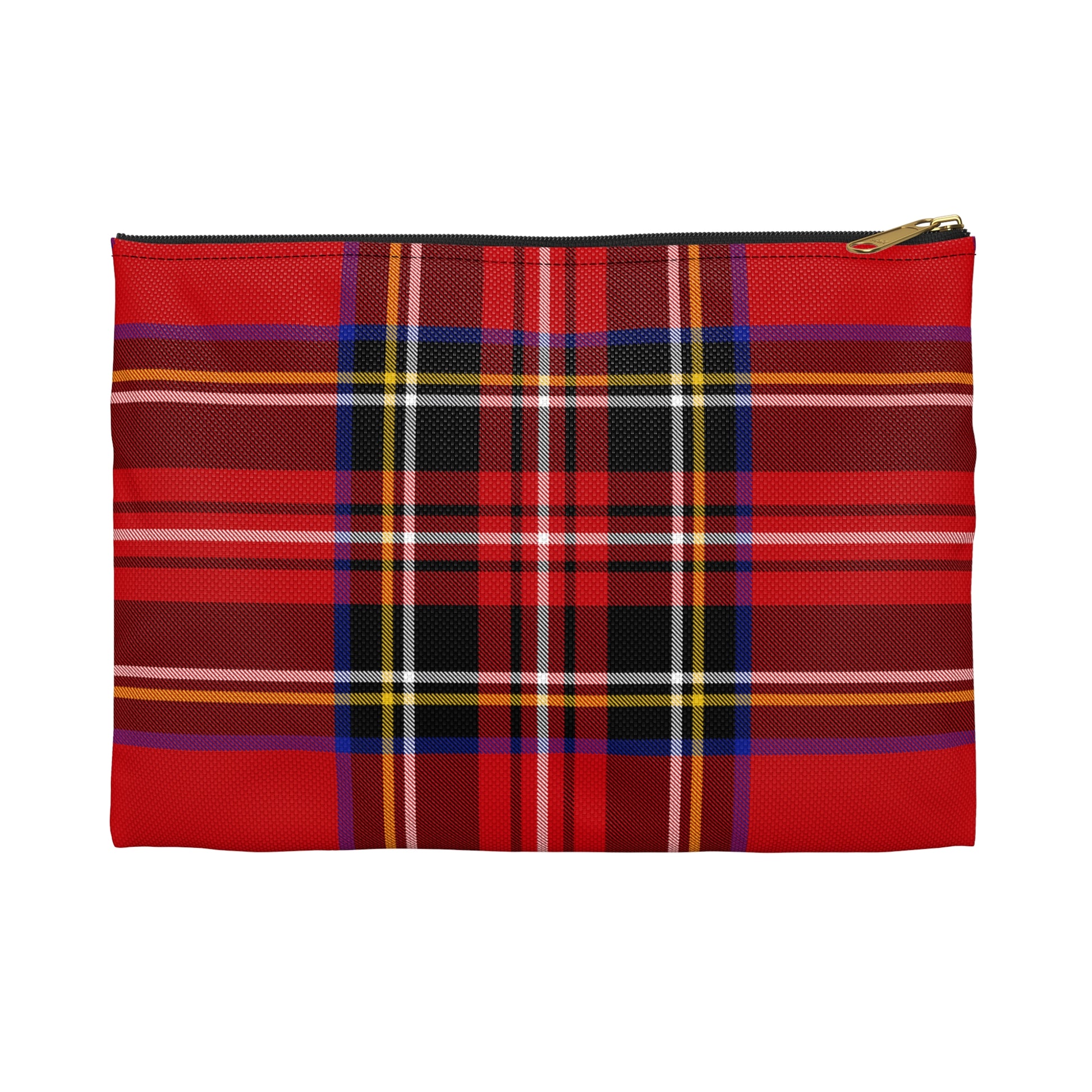 Red tartan accessory pouch large size front view with classic plaid pattern and black zipper, gold puller - LeBonJournal