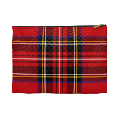 Red tartan accessory pouch large size front view with classic plaid pattern and black zipper, gold puller - LeBonJournal