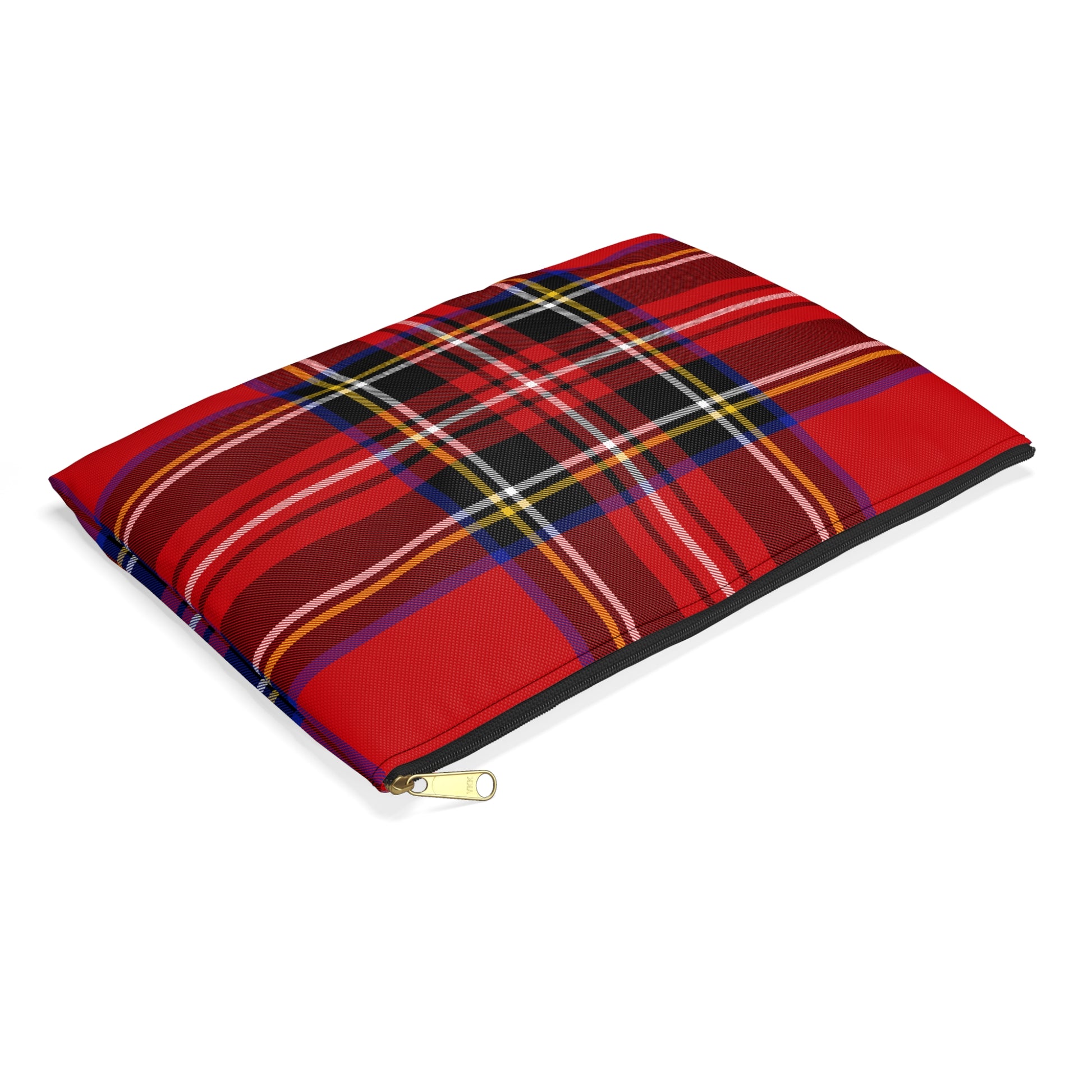 Red tartan zip pouch large size angled view showing classic plaid pattern and gold zipper pull on white background - LeBonJournal