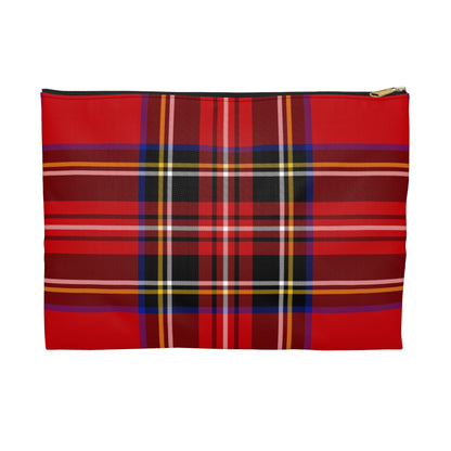 Red tartan accessory pouch small size front view with classic plaid pattern and black zipper, gold puller - LeBonJournal