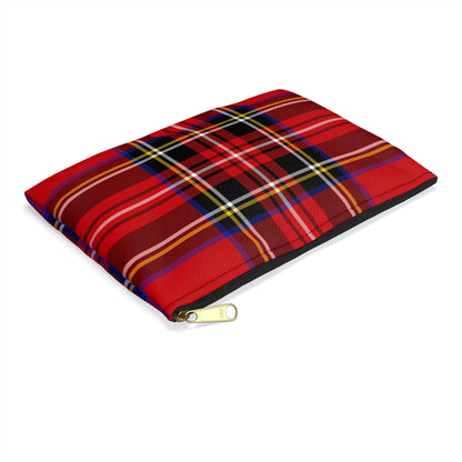 Red tartan zip pouch small size angled view showing classic plaid pattern and gold zipper pull on white background - LeBonJournal