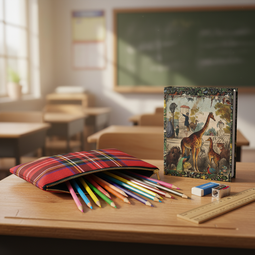 Red tartan plaid zip pouch on school desk with colored pencils and Victorian natural history journal - LeBonJournal