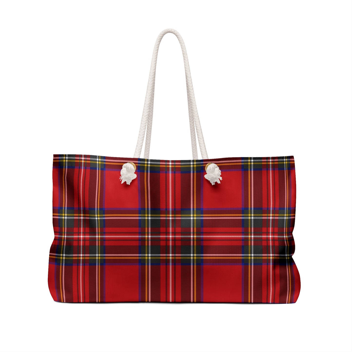 Red tartan plaid weekender bag back view in MacLean of Duart pattern with cream rope handles - LeBonJournal