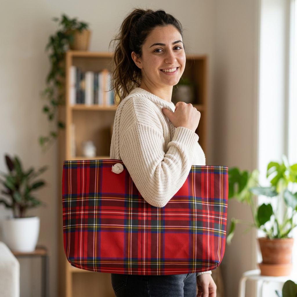 Young student carrying red tartan plaid weekender bag with belongings on campus - LeBonJournal