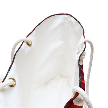 Interior of red tartan plaid weekender bag showing spacious cream cotton-poly lining and structured opening - LeBonJournal