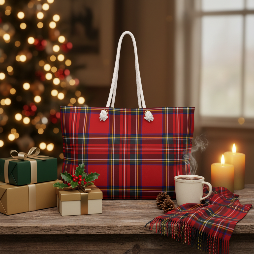 Red MacLean of Duart tartan weekender bag styled for Christmas with gifts holly and warm candlelight - LeBonJournal