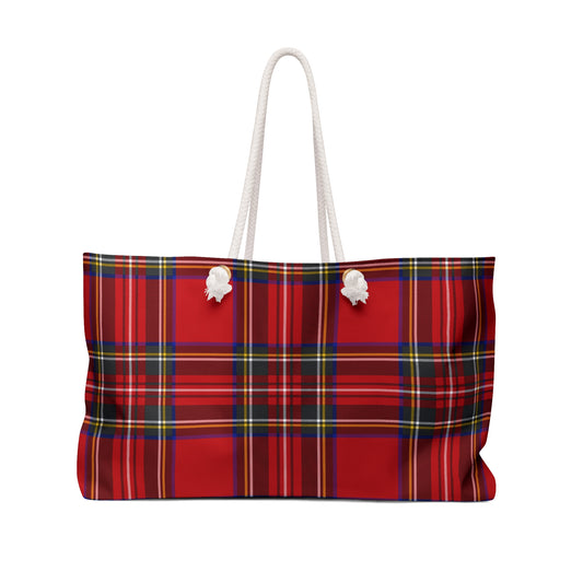 Red tartan plaid weekender bag in MacLean of Duart pattern with cream rope handles and gold grommets - LeBonJournal
