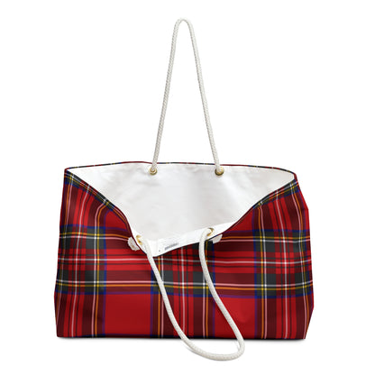 Detail of cream cotton rope handles gold grommets and white cotton-poly interior lining of red tartan weekender bag - LeBonJournal