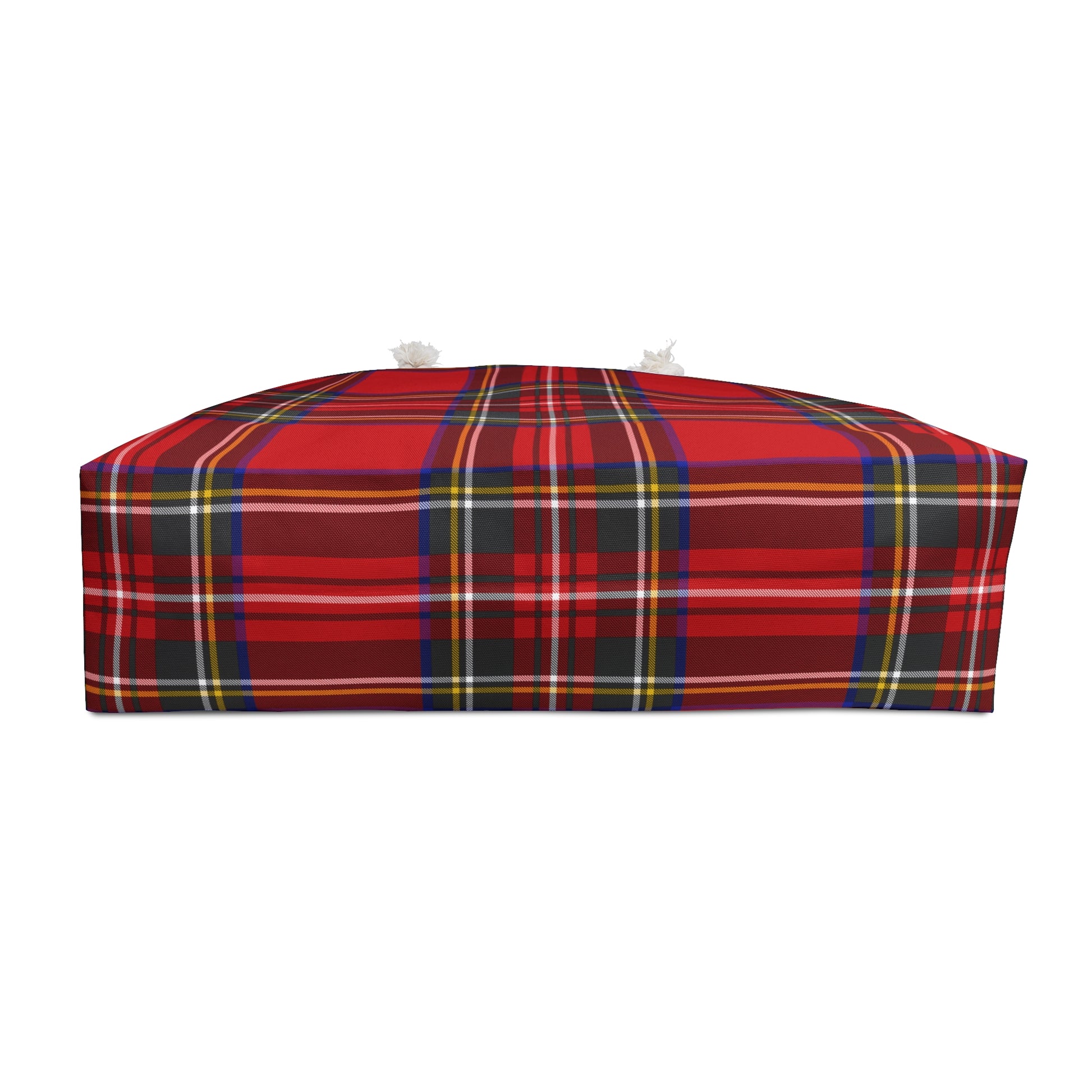 Red tartan plaid weekender bag showing structured T-bottom base in MacLean of Duart pattern - LeBonJournal