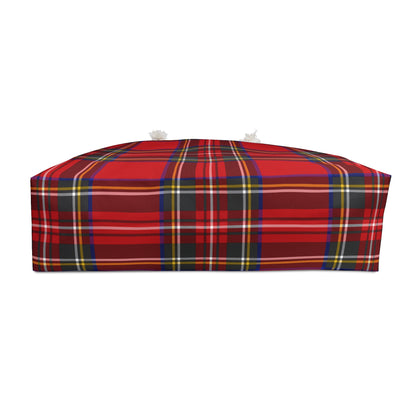 Red tartan plaid weekender bag showing structured T-bottom base in MacLean of Duart pattern - LeBonJournal