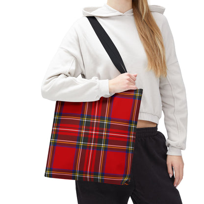 Young woman wearing red tartan tote bag 16×16 on shoulder with Royal Stewart plaid pattern - LeBonJournal