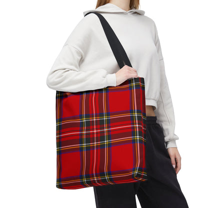 Young woman wearing red tartan tote bag 18×18 on shoulder with Royal Stewart plaid pattern - LeBonJournal
