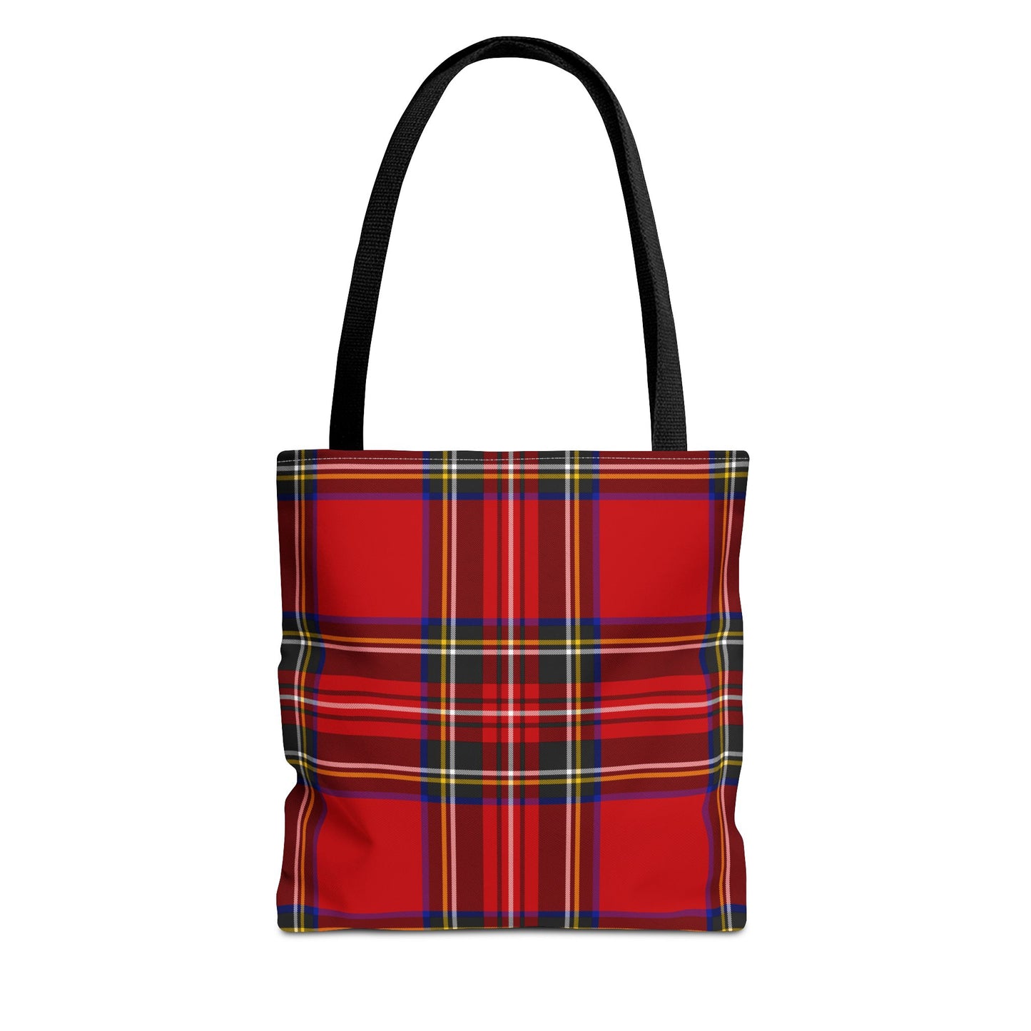 Red tartan tote bag front view with classic Royal Stewart plaid pattern in red, navy, yellow and white - LeBonJournal