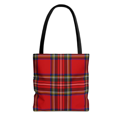 Red tartan tote bag front view with classic Royal Stewart plaid pattern in red, navy, yellow and white - LeBonJournal