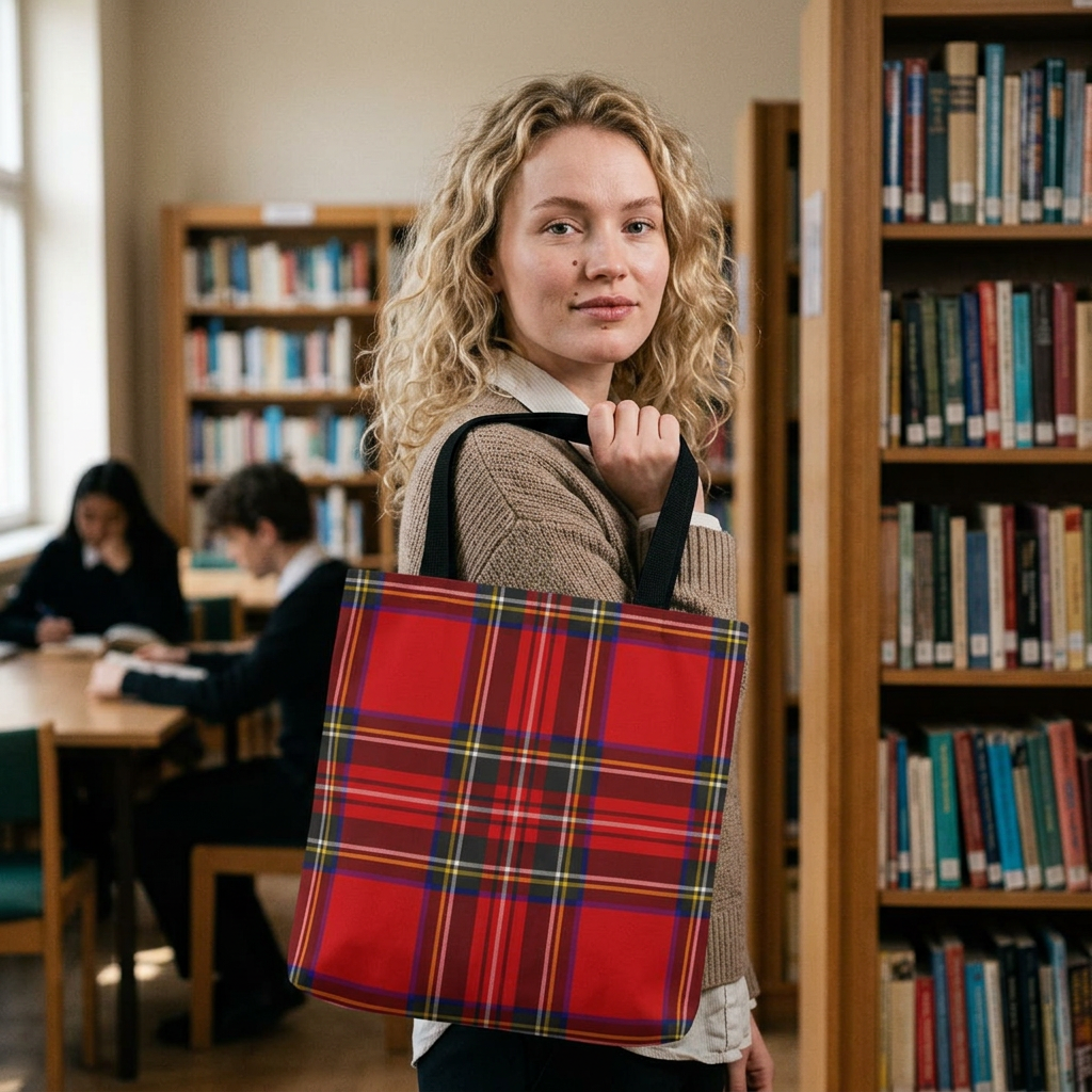 Young woman student carrying red tartan tote bag in public library with Royal Stewart plaid pattern - LeBonJournal