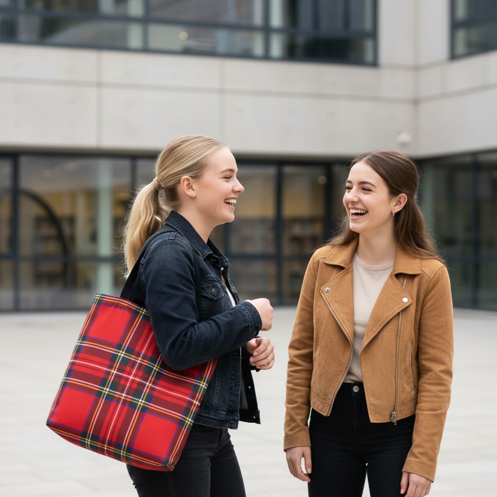Blonde teenage girl carrying red tartan tote bag on shoulder talking with friend outside modern school building - LeBonJournal